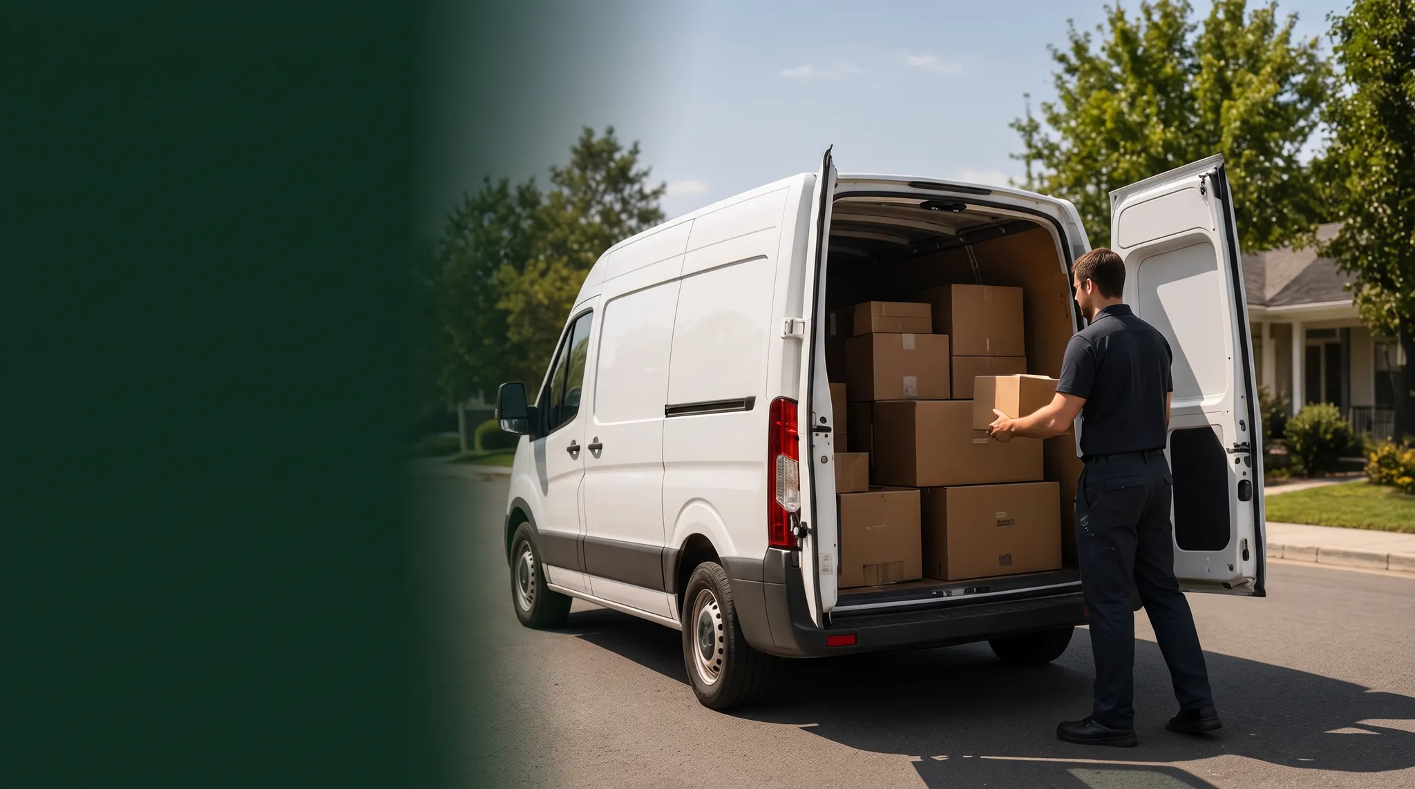 Delivery associate unloading packages from an unbranded cargo van