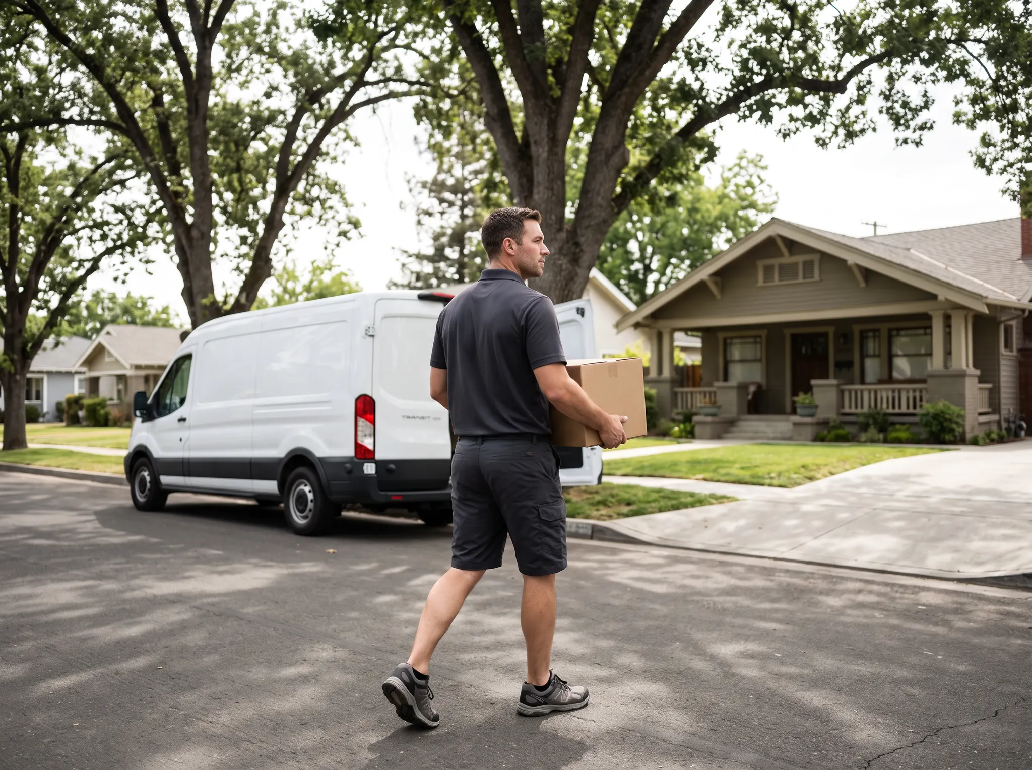 Delivery associate carrying a package during a daytime route