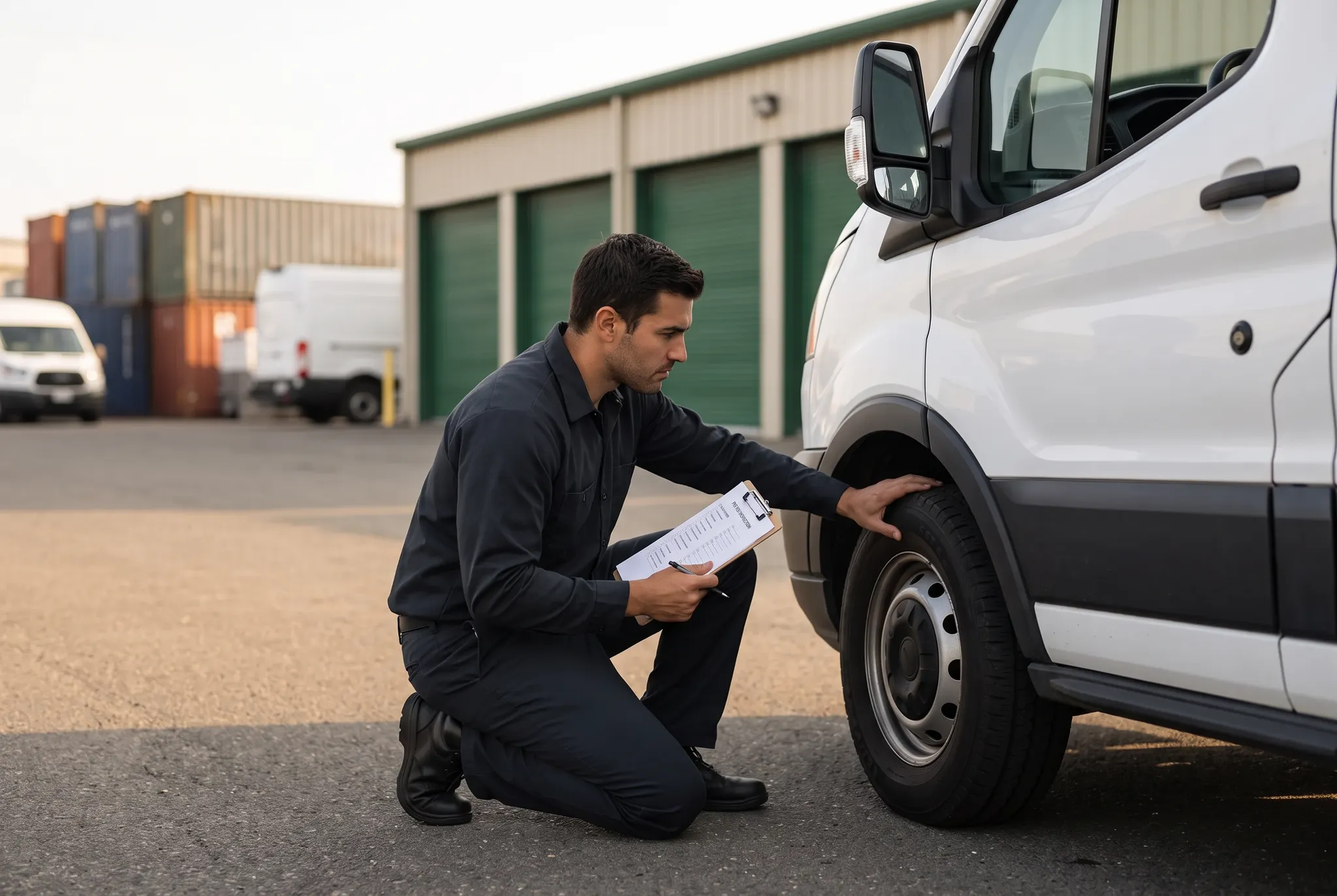 Delivery associate completing a pre-route check of an unbranded cargo van