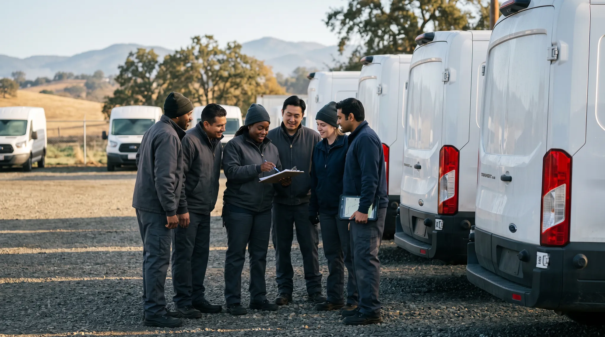 A delivery team reviewing route notes beside unbranded cargo vans