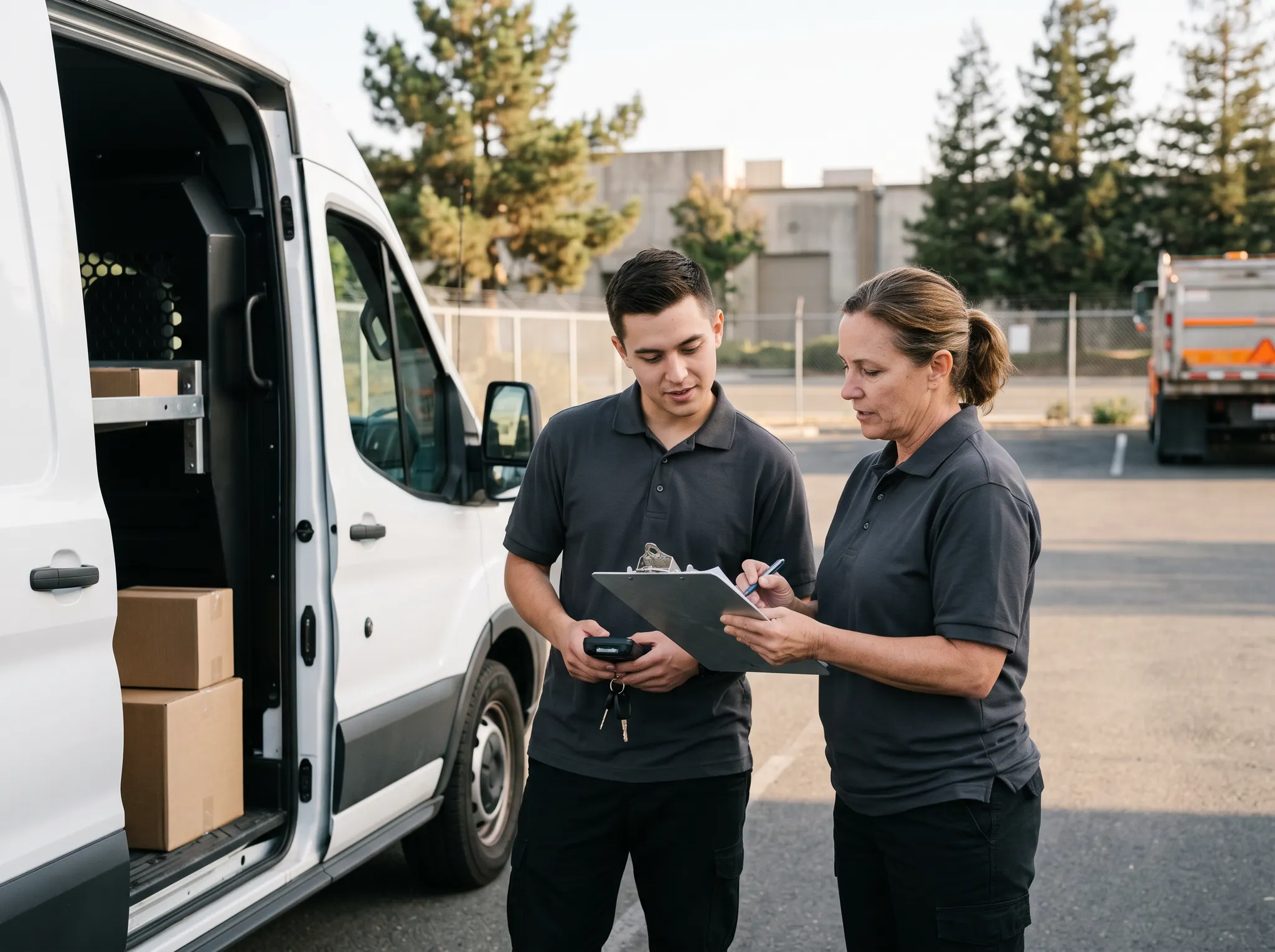 A trainer reviewing route preparation with a new delivery associate