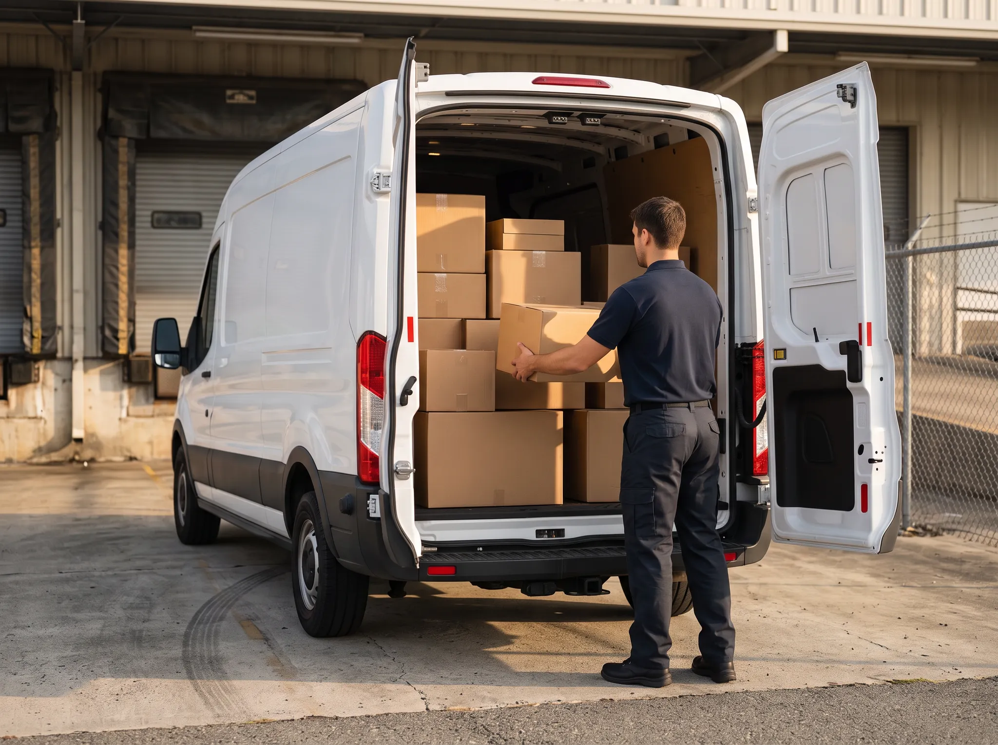 Delivery associate organizing packages in an unbranded cargo van